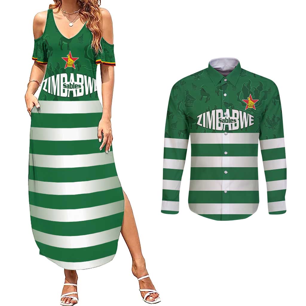 Rugby Zimbabwe Custom Couples Matching Summer Maxi Dress and Long Sleeve Button Shirt Go Champions Sables - Wonder Print Shop