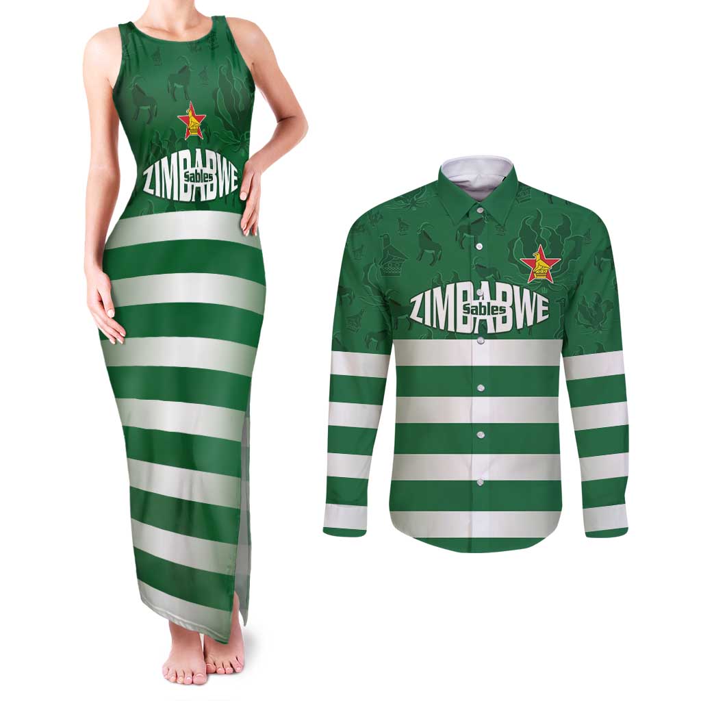 Rugby Zimbabwe Custom Couples Matching Tank Maxi Dress and Long Sleeve Button Shirt Go Champions Sables - Wonder Print Shop