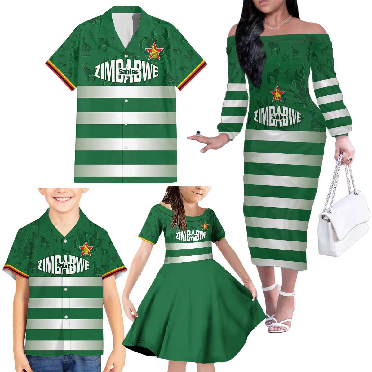 Rugby Zimbabwe Custom Family Matching Off The Shoulder Long Sleeve Dress and Hawaiian Shirt Go Champions Sables - Wonder Print Shop