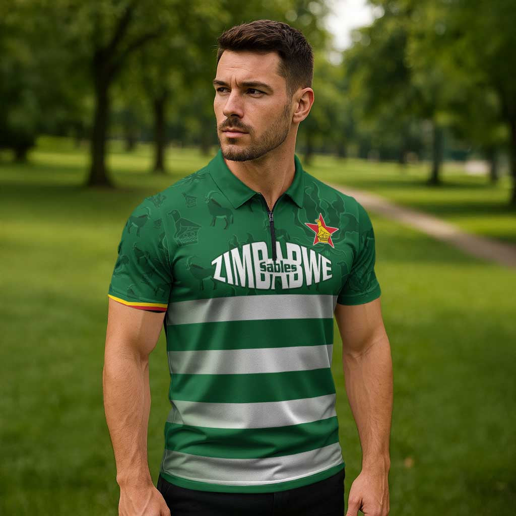 Rugby Zimbabwe Custom Zipper Polo Shirt Go Champions Sables - Wonder Print Shop