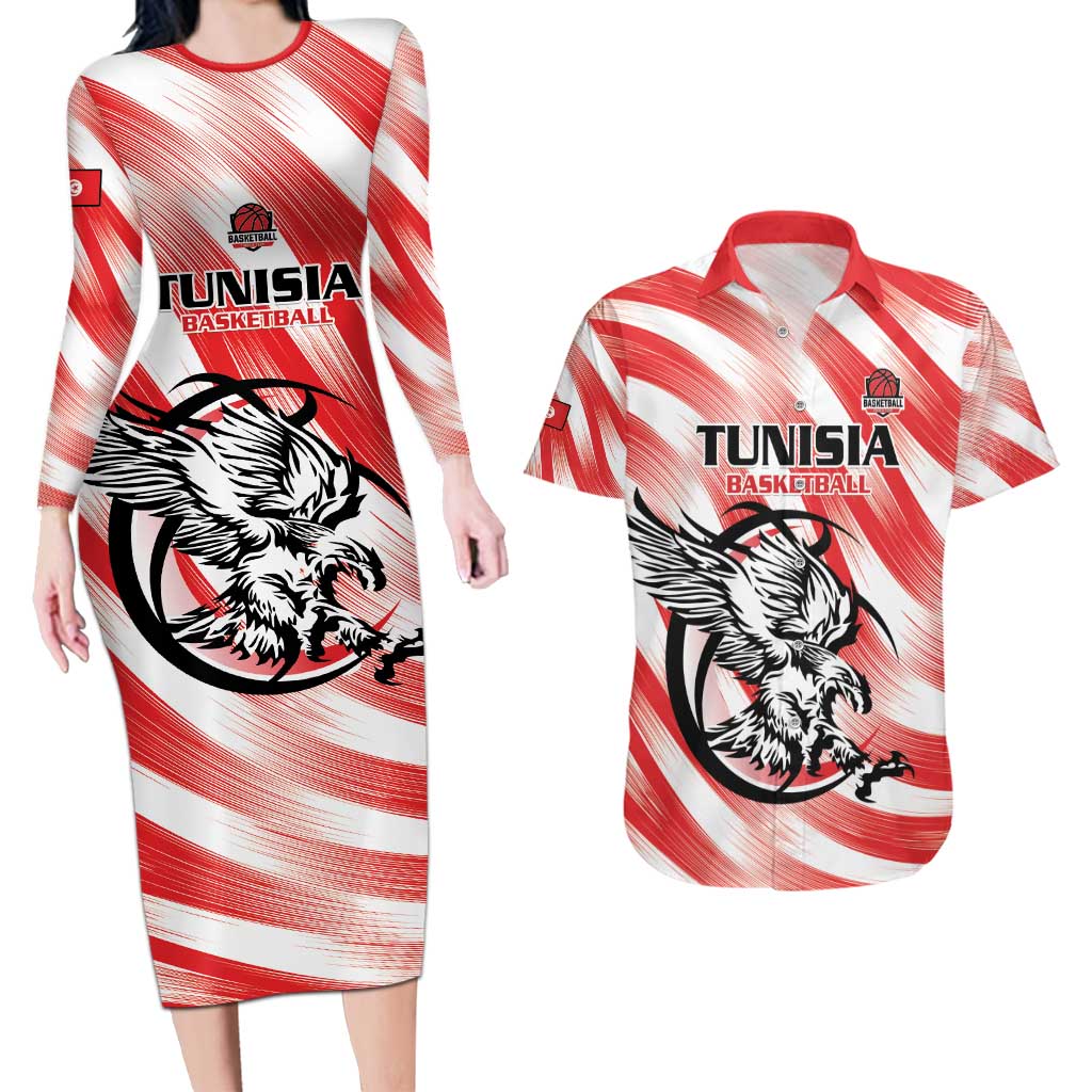 Custom Tunisia Basketball Couples Matching Long Sleeve Bodycon Dress and Hawaiian Shirt Go Eagles of Carthage - Wonder Print Shop