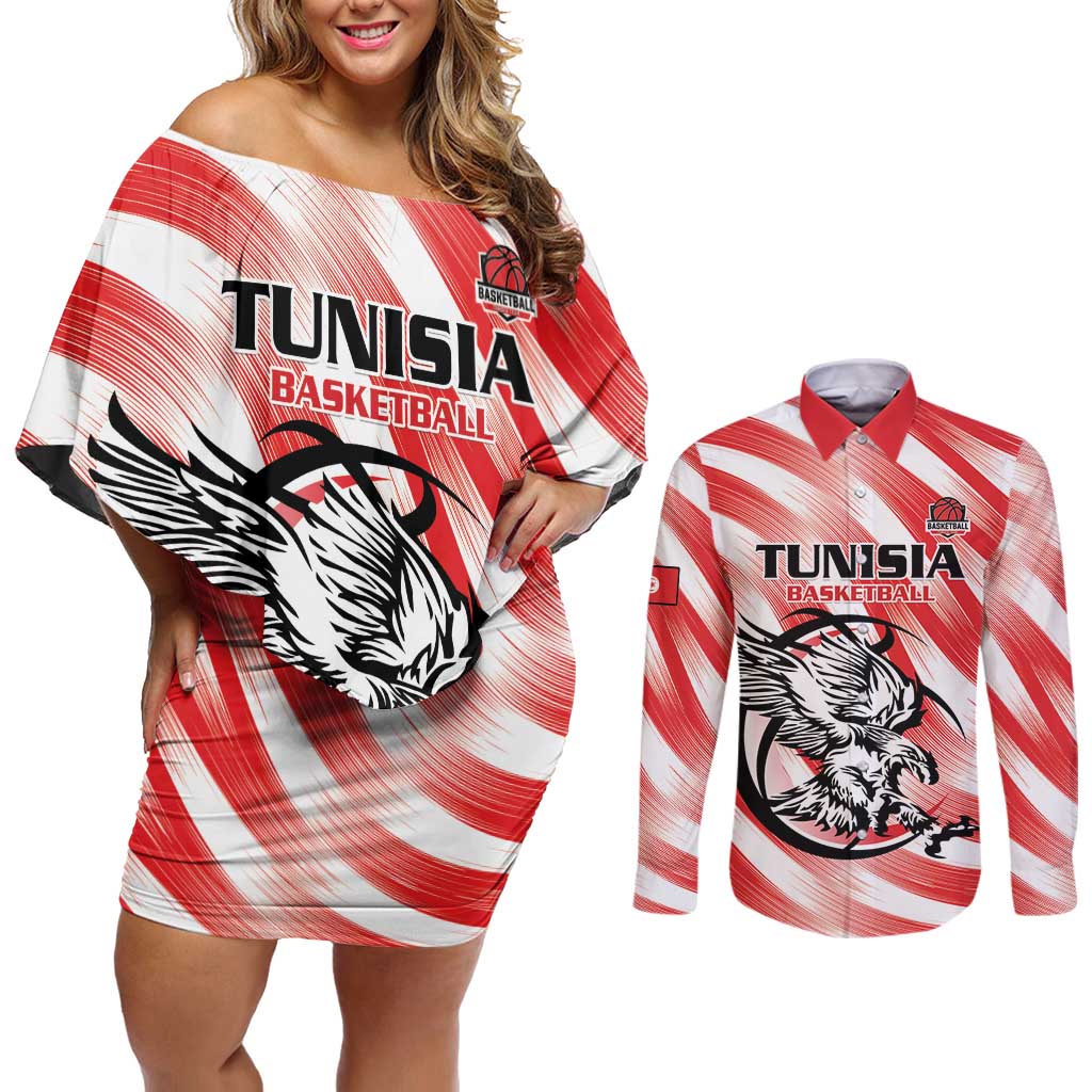 Custom Tunisia Basketball Couples Matching Off Shoulder Short Dress and Long Sleeve Button Shirt Go Eagles of Carthage - Wonder Print Shop