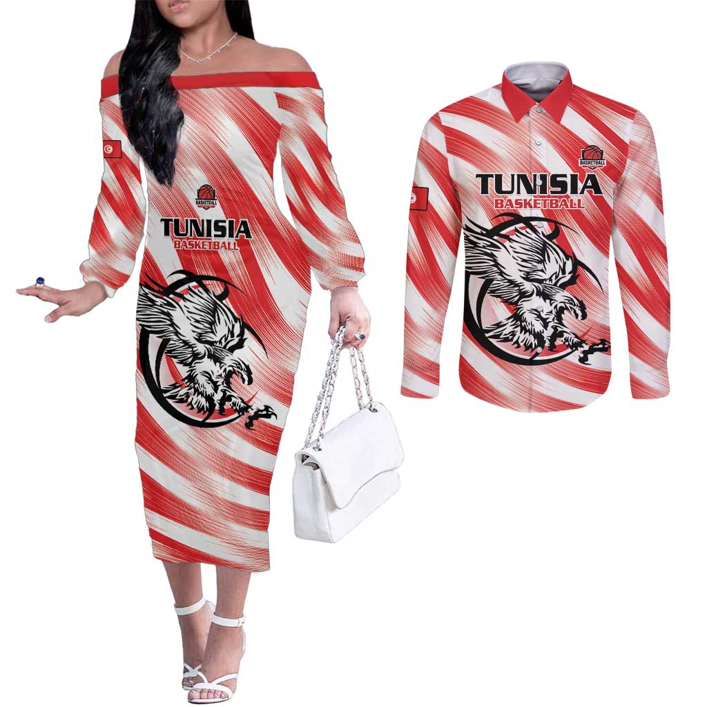 Custom Tunisia Basketball Couples Matching Off The Shoulder Long Sleeve Dress and Long Sleeve Button Shirt Go Eagles of Carthage - Wonder Print Shop