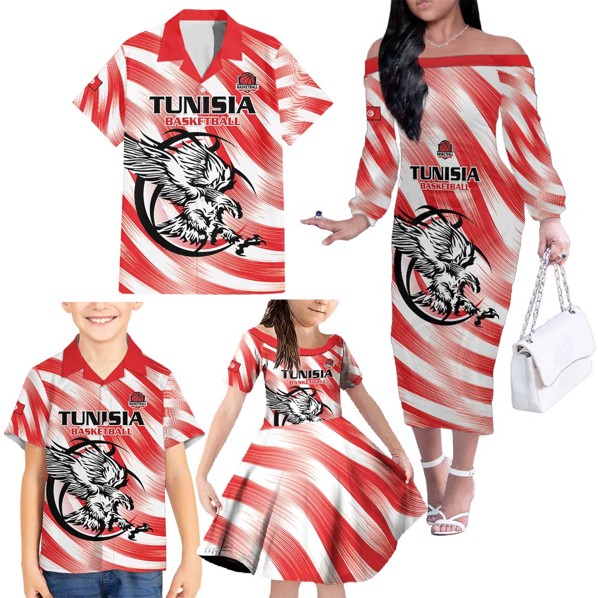 Custom Tunisia Basketball Family Matching Off The Shoulder Long Sleeve Dress and Hawaiian Shirt Go Eagles of Carthage - Wonder Print Shop