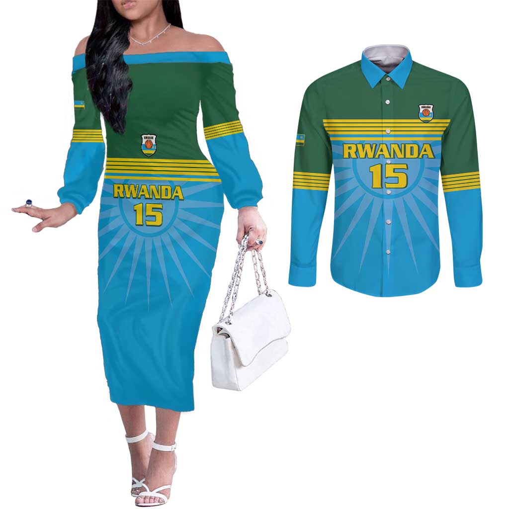Custom Rwanda Basketball Couples Matching Off The Shoulder Long Sleeve Dress and Long Sleeve Button Shirt Go Champions - Wonder Print Shop