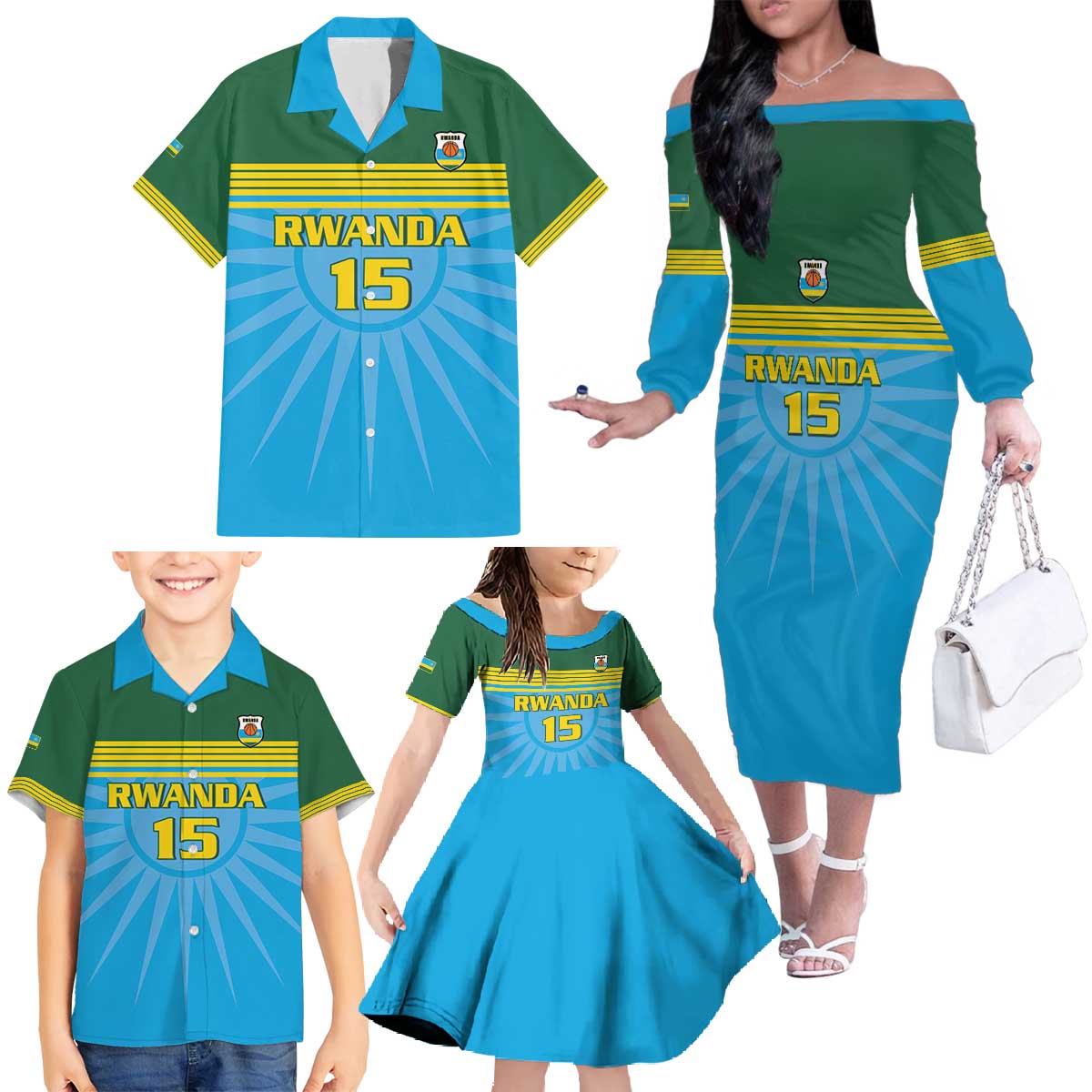 Custom Rwanda Basketball Family Matching Off The Shoulder Long Sleeve Dress and Hawaiian Shirt Go Champions - Wonder Print Shop