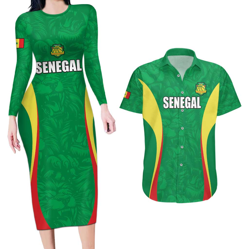 Custom Senegal Basketball Couples Matching Long Sleeve Bodycon Dress and Hawaiian Shirt Go Champions Lions - Wonder Print Shop