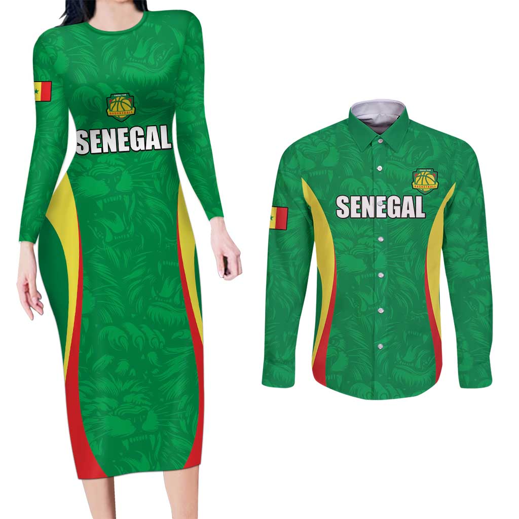 Custom Senegal Basketball Couples Matching Long Sleeve Bodycon Dress and Long Sleeve Button Shirt Go Champions Lions - Wonder Print Shop