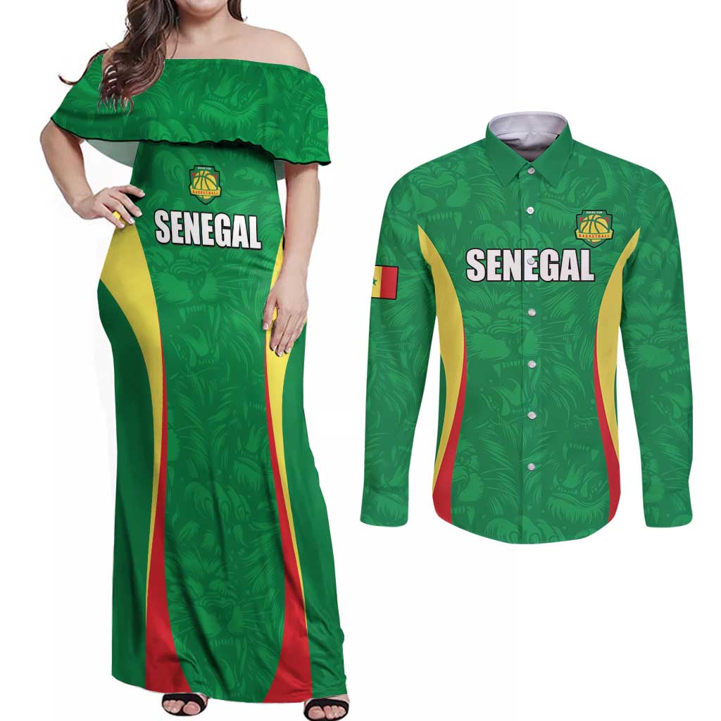 Custom Senegal Basketball Couples Matching Off Shoulder Maxi Dress and Long Sleeve Button Shirt Go Champions Lions - Wonder Print Shop