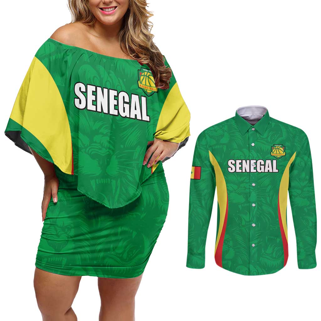 Custom Senegal Basketball Couples Matching Off Shoulder Short Dress and Long Sleeve Button Shirt Go Champions Lions - Wonder Print Shop