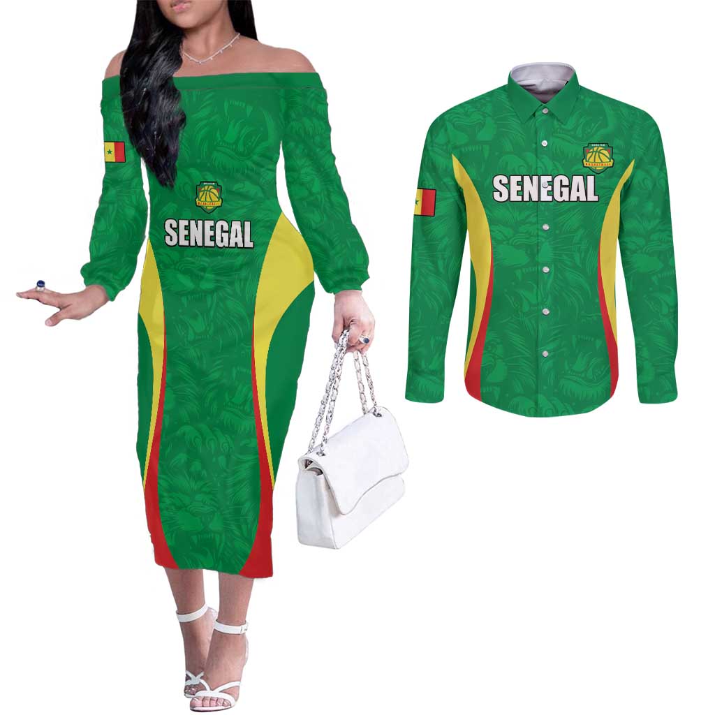 Custom Senegal Basketball Couples Matching Off The Shoulder Long Sleeve Dress and Long Sleeve Button Shirt Go Champions Lions - Wonder Print Shop
