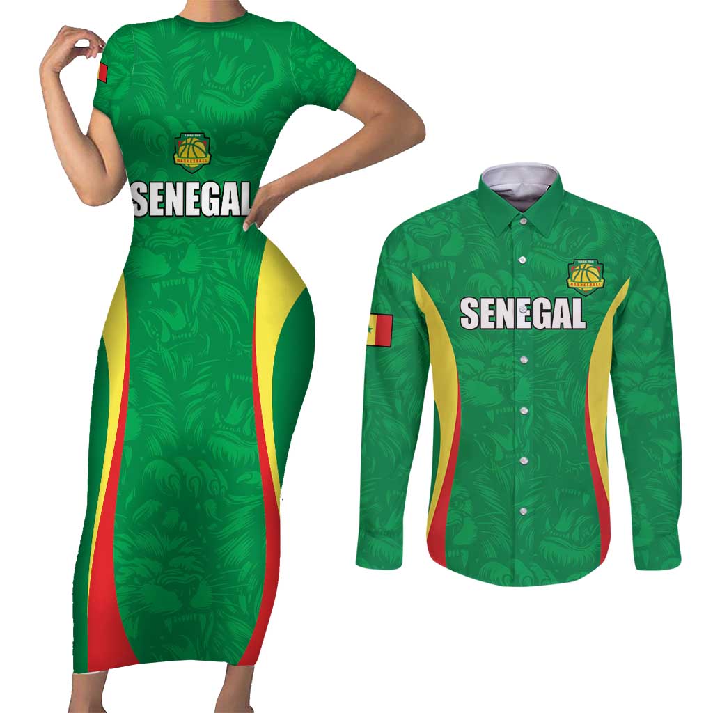 Custom Senegal Basketball Couples Matching Short Sleeve Bodycon Dress and Long Sleeve Button Shirt Go Champions Lions - Wonder Print Shop
