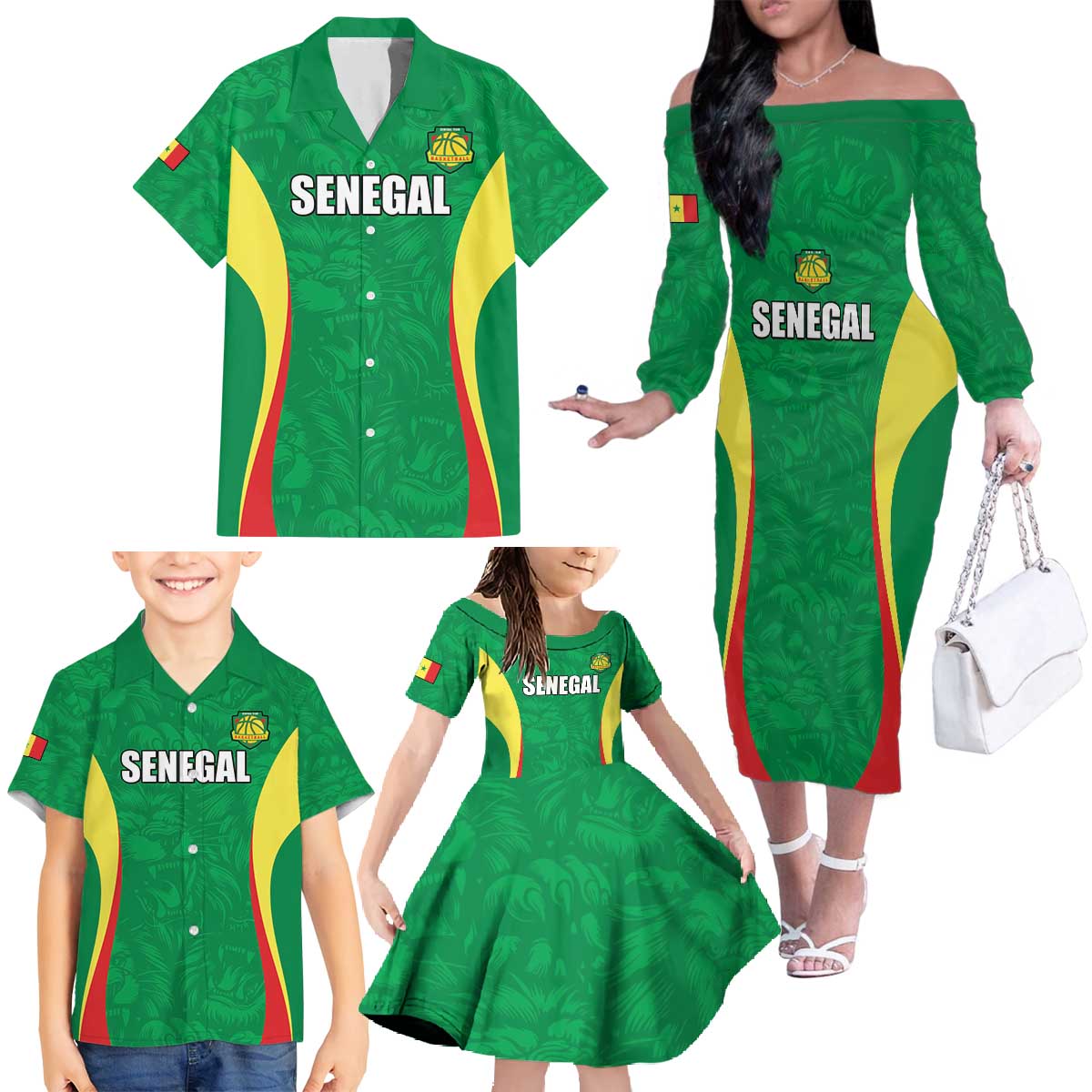 Custom Senegal Basketball Family Matching Off The Shoulder Long Sleeve Dress and Hawaiian Shirt Go Champions Lions - Wonder Print Shop