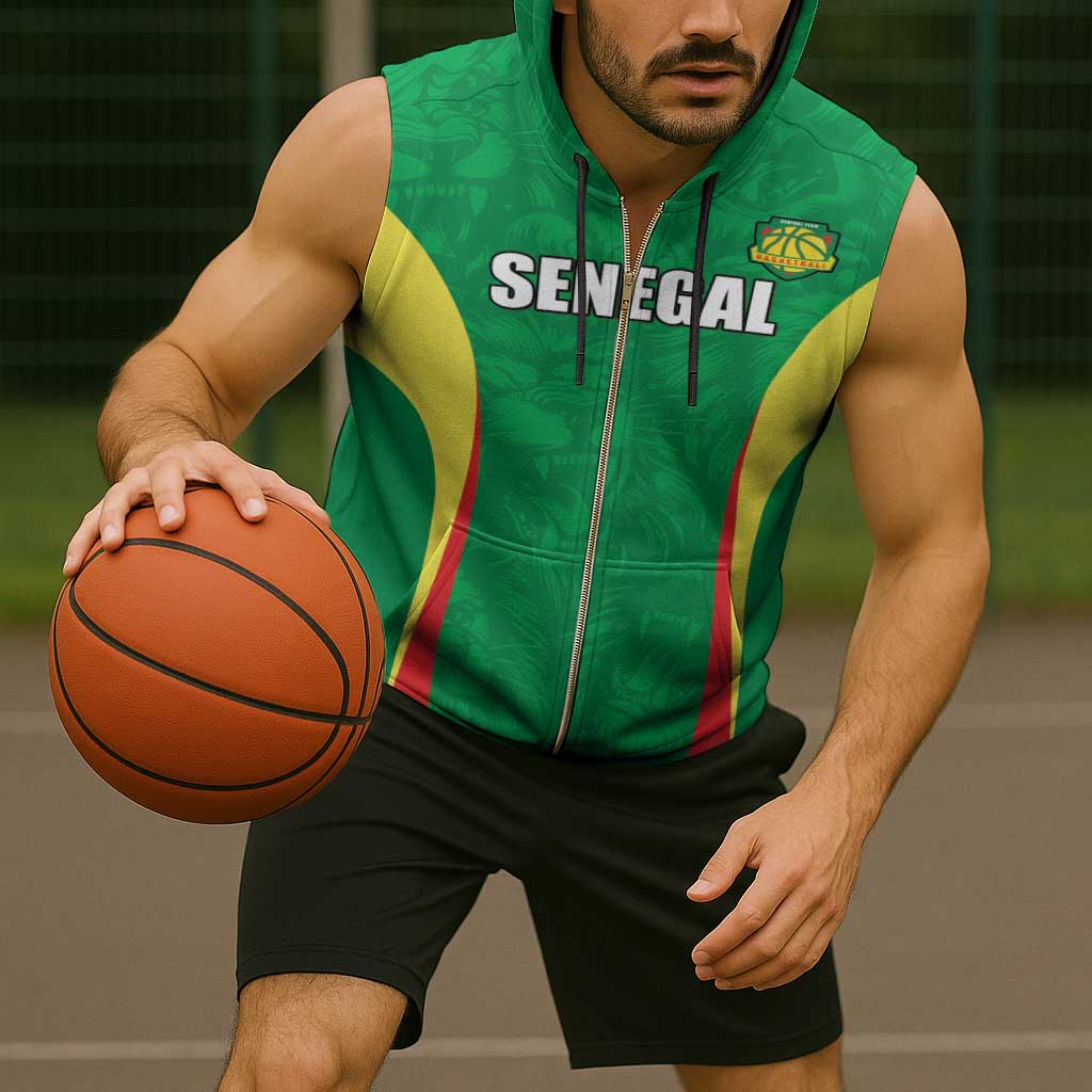 Custom Senegal Basketball Sleeveless Zip Hoodie Go Champions Lions - Wonder Print Shop
