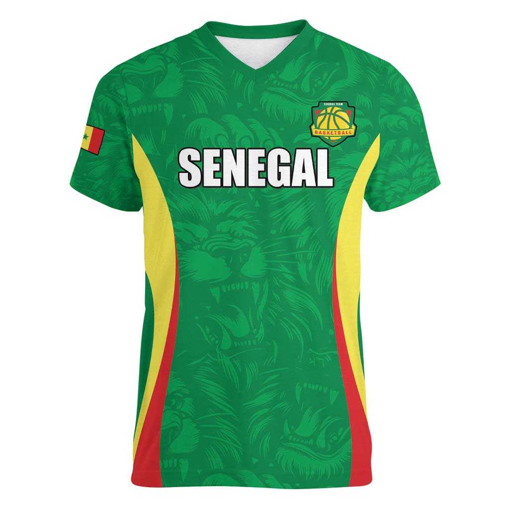 Custom Senegal Basketball Women V-Neck T-Shirt Go Champions Lions - Wonder Print Shop