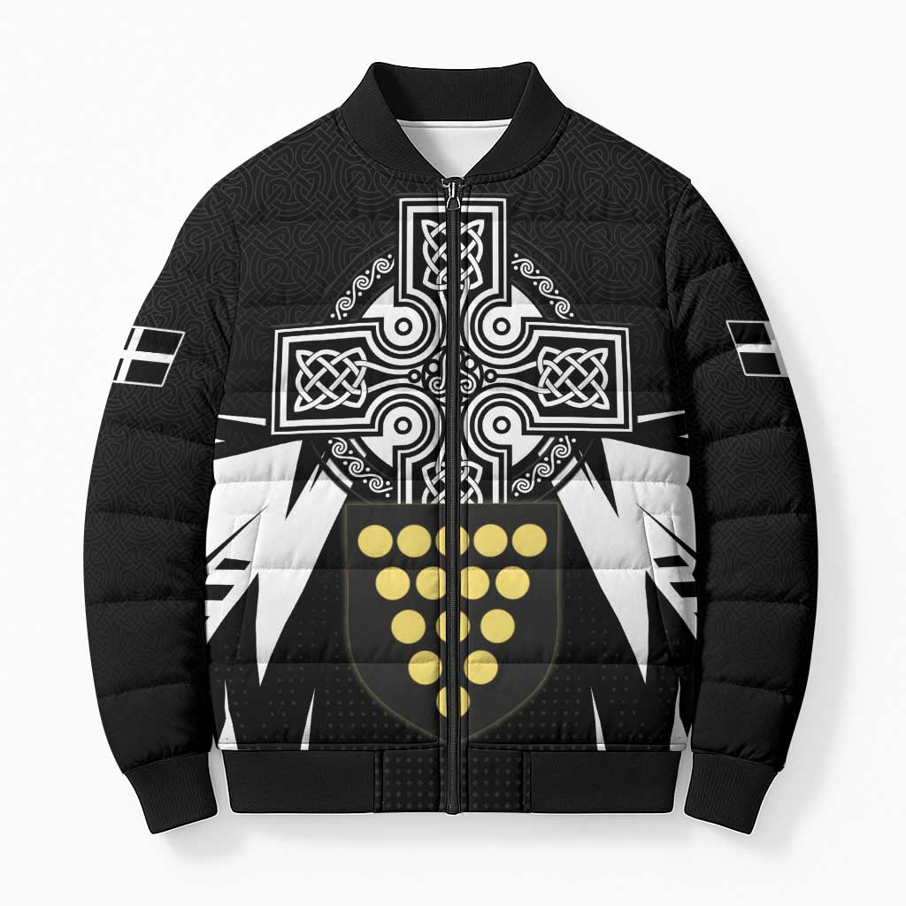 Cornwall Celtic Cross Bomber Puffer Jacket Coat Of Arms With Celtic Pattern - Wonder Print Shop