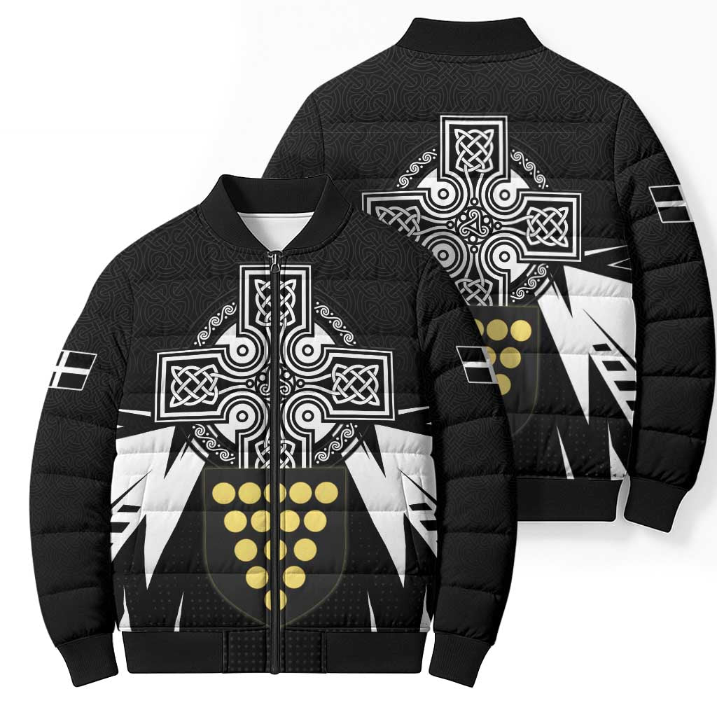 Cornwall Celtic Cross Bomber Puffer Jacket Coat Of Arms With Celtic Pattern - Wonder Print Shop