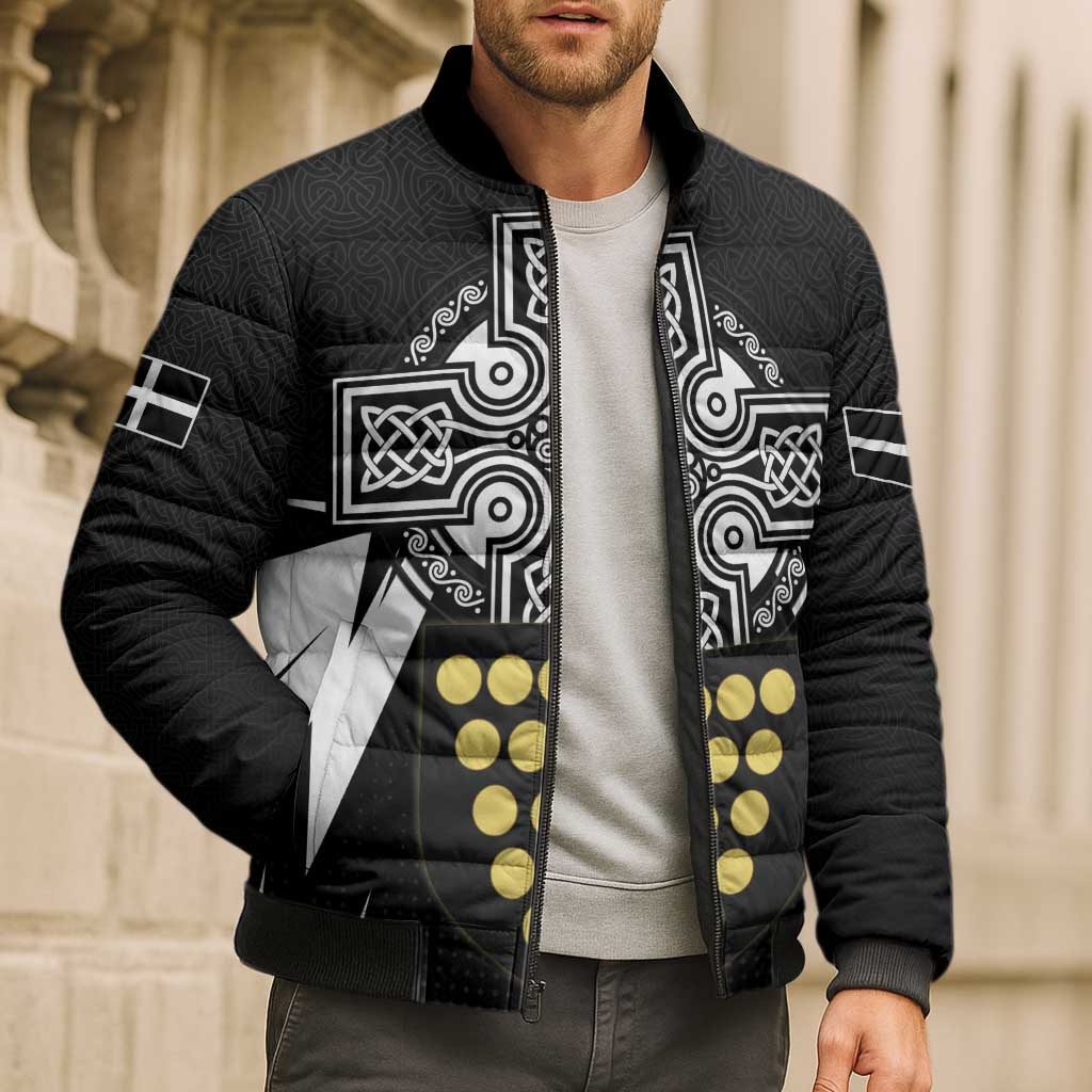 Cornwall Celtic Cross Bomber Puffer Jacket Coat Of Arms With Celtic Pattern - Wonder Print Shop