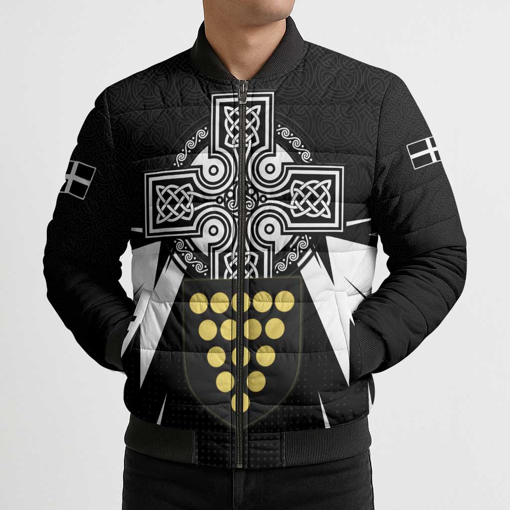 Cornwall Celtic Cross Bomber Puffer Jacket Coat Of Arms With Celtic Pattern - Wonder Print Shop