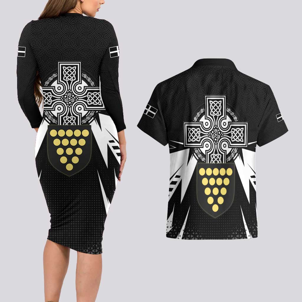 Cornwall Celtic Cross Couples Matching Long Sleeve Bodycon Dress and Hawaiian Shirt Coat Of Arms With Celtic Pattern - Wonder Print Shop