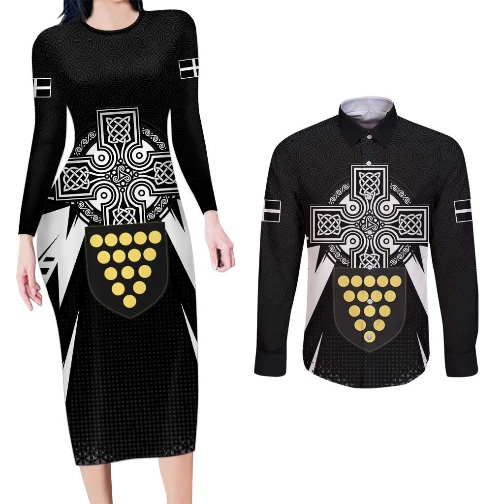 Cornwall Celtic Cross Couples Matching Long Sleeve Bodycon Dress and Long Sleeve Button Shirt Coat Of Arms With Celtic Pattern - Wonder Print Shop