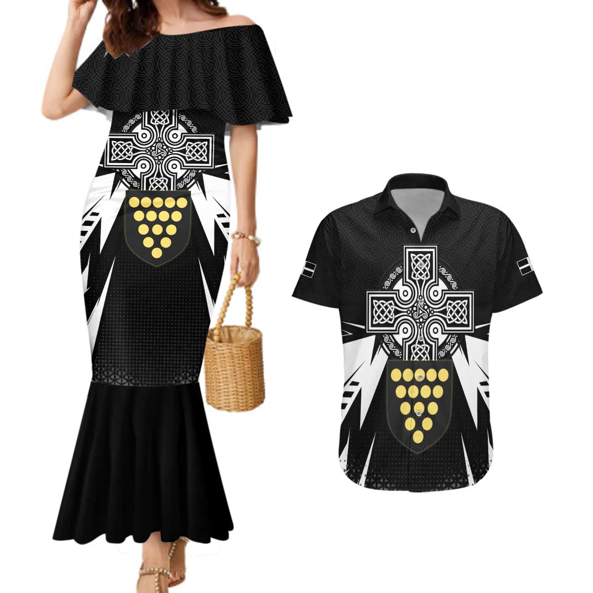 Cornwall Celtic Cross Couples Matching Mermaid Dress and Hawaiian Shirt Coat Of Arms With Celtic Pattern - Wonder Print Shop