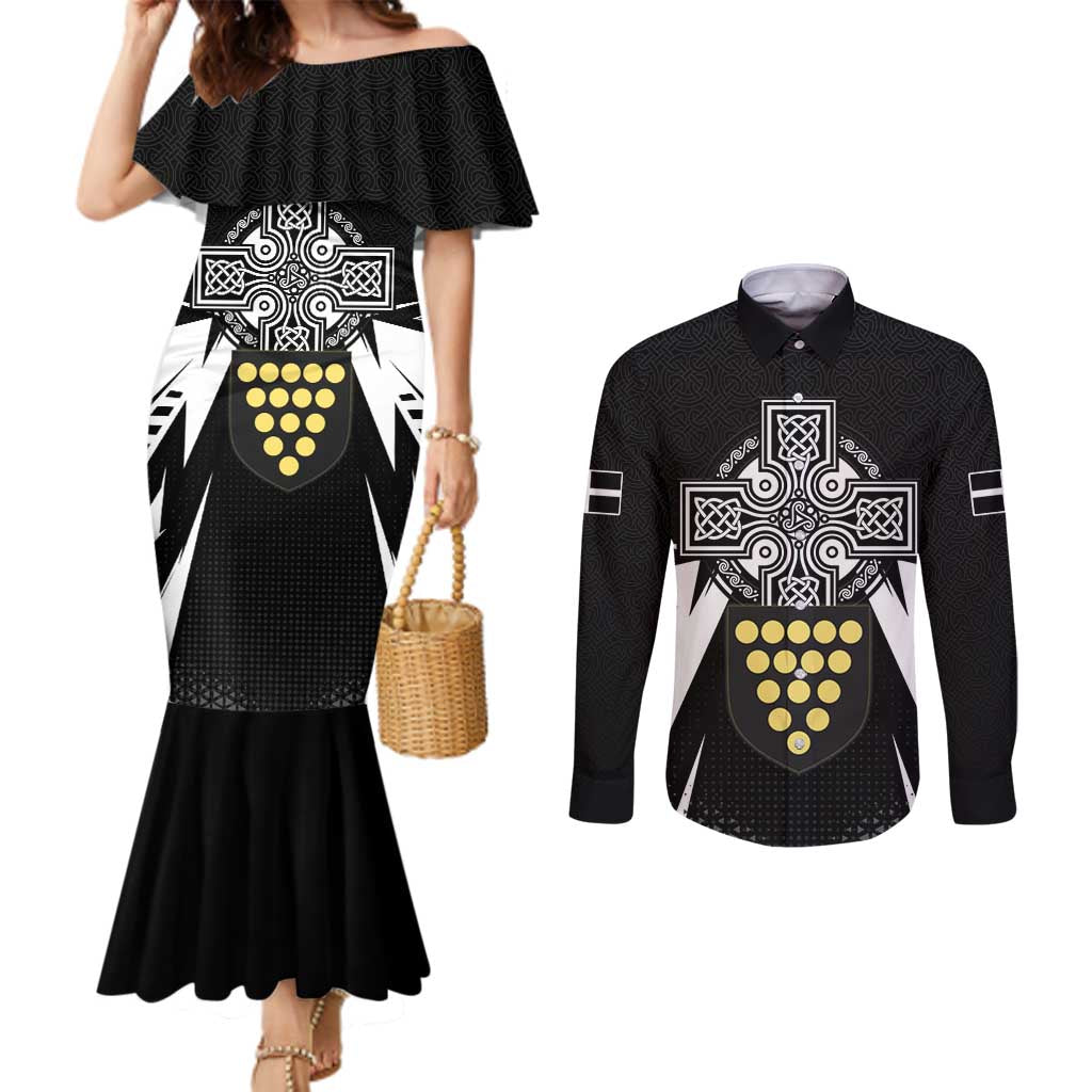 Cornwall Celtic Cross Couples Matching Mermaid Dress and Long Sleeve Button Shirt Coat Of Arms With Celtic Pattern - Wonder Print Shop