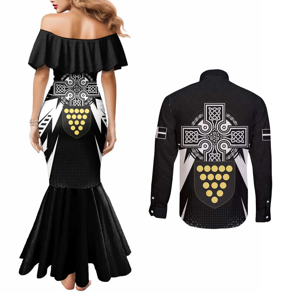 Cornwall Celtic Cross Couples Matching Mermaid Dress and Long Sleeve Button Shirt Coat Of Arms With Celtic Pattern - Wonder Print Shop
