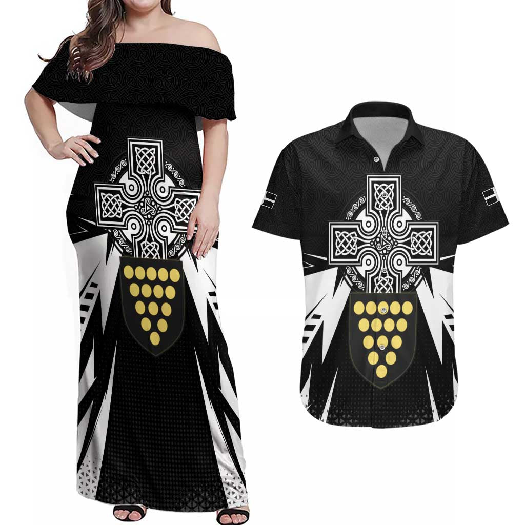 Cornwall Celtic Cross Couples Matching Off Shoulder Maxi Dress and Hawaiian Shirt Coat Of Arms With Celtic Pattern - Wonder Print Shop