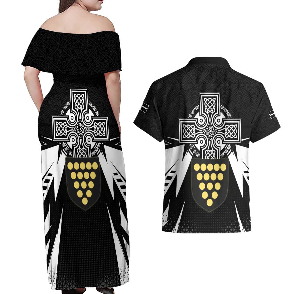 Cornwall Celtic Cross Couples Matching Off Shoulder Maxi Dress and Hawaiian Shirt Coat Of Arms With Celtic Pattern - Wonder Print Shop