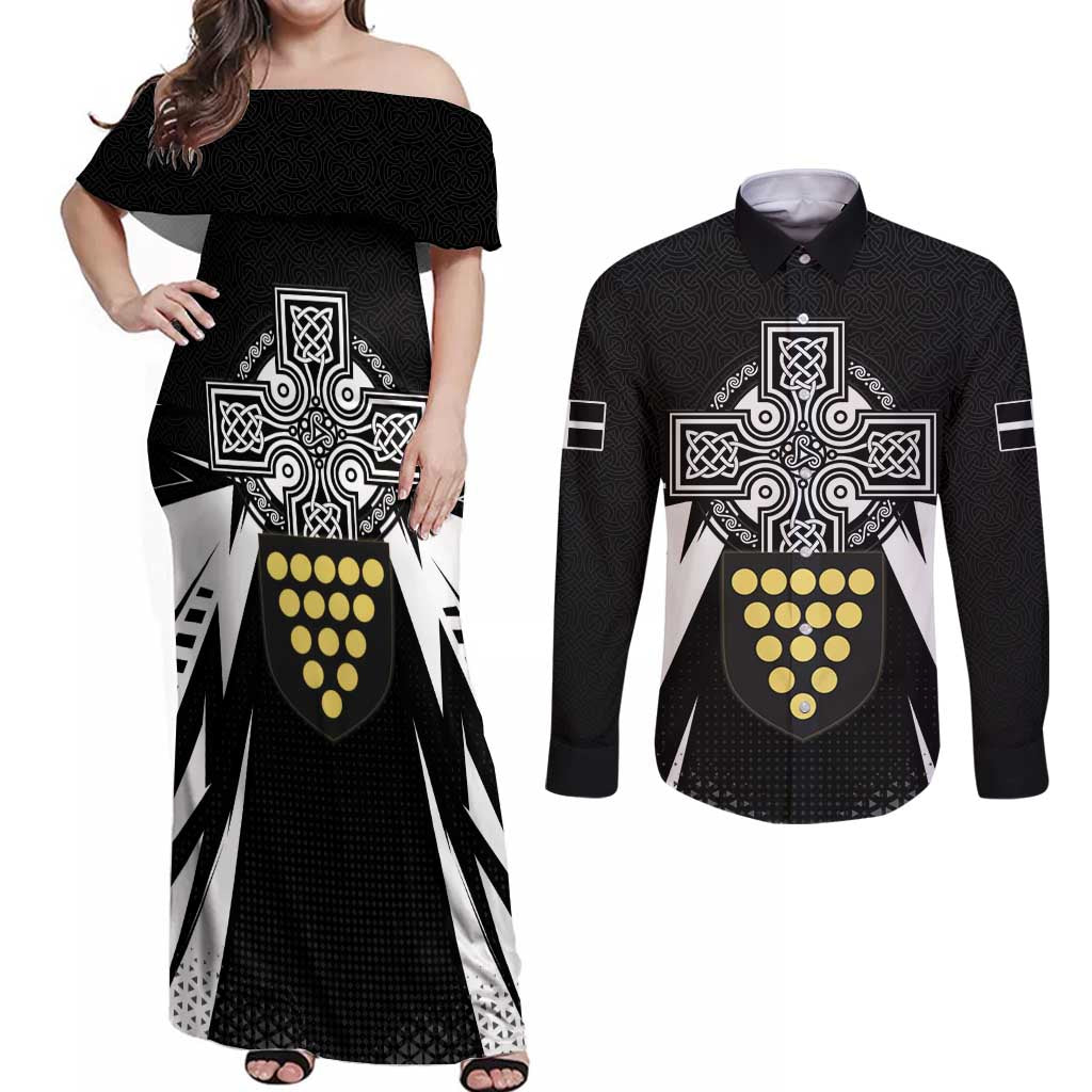 Cornwall Celtic Cross Couples Matching Off Shoulder Maxi Dress and Long Sleeve Button Shirt Coat Of Arms With Celtic Pattern - Wonder Print Shop