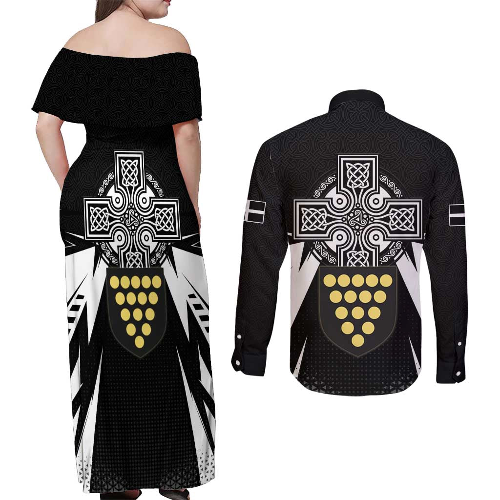 Cornwall Celtic Cross Couples Matching Off Shoulder Maxi Dress and Long Sleeve Button Shirt Coat Of Arms With Celtic Pattern - Wonder Print Shop