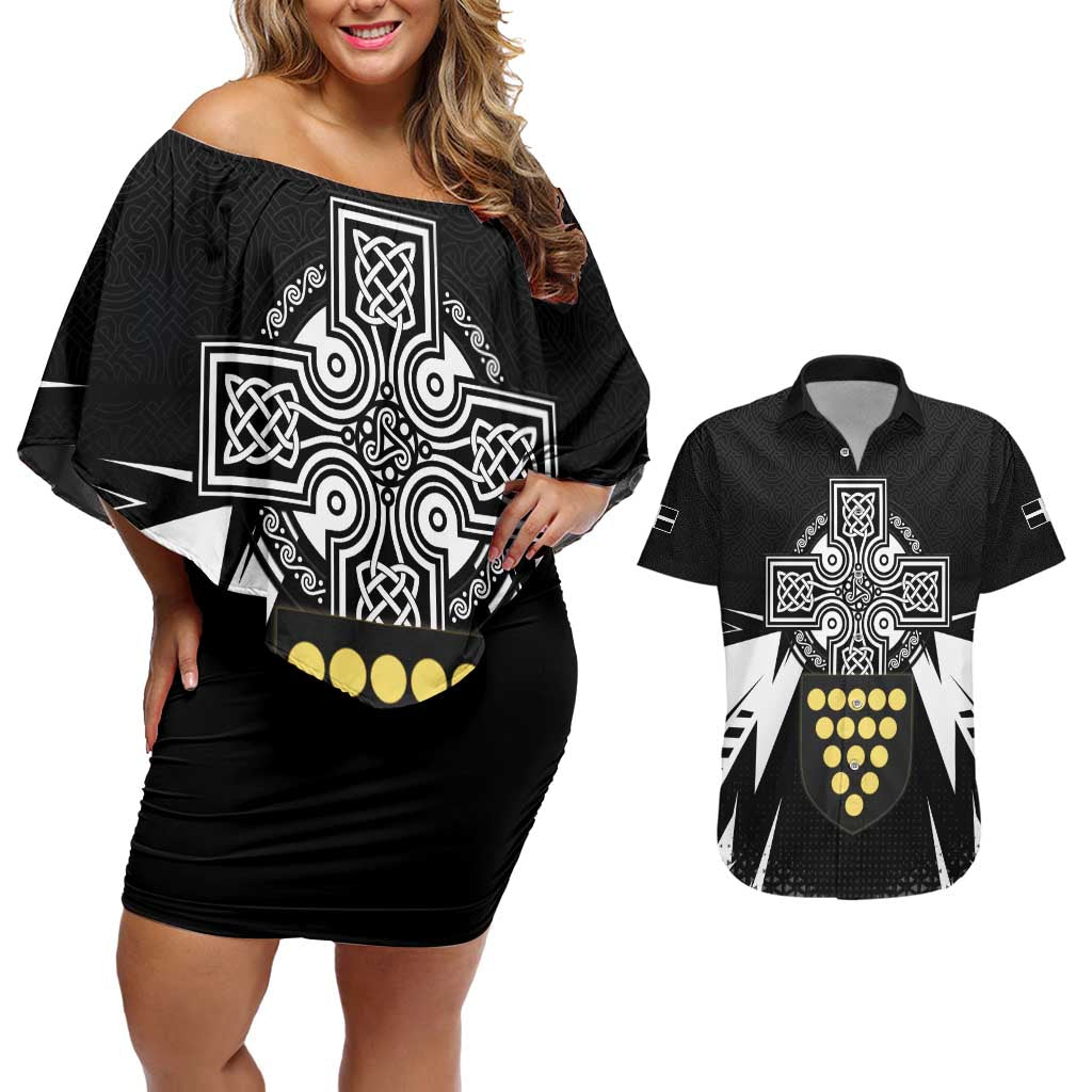 Cornwall Celtic Cross Couples Matching Off Shoulder Short Dress and Hawaiian Shirt Coat Of Arms With Celtic Pattern - Wonder Print Shop