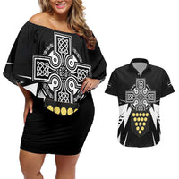 Cornwall Celtic Cross Couples Matching Off Shoulder Short Dress and Hawaiian Shirt Coat Of Arms With Celtic Pattern - Wonder Print Shop