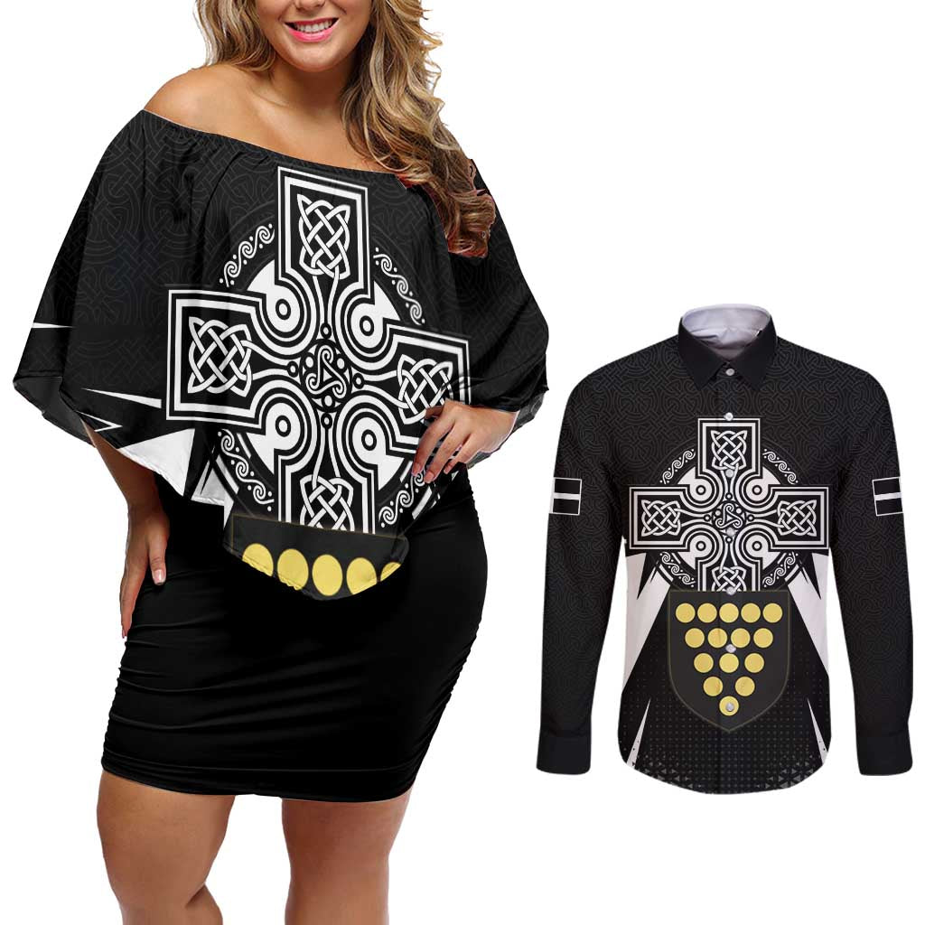 Cornwall Celtic Cross Couples Matching Off Shoulder Short Dress and Long Sleeve Button Shirt Coat Of Arms With Celtic Pattern - Wonder Print Shop