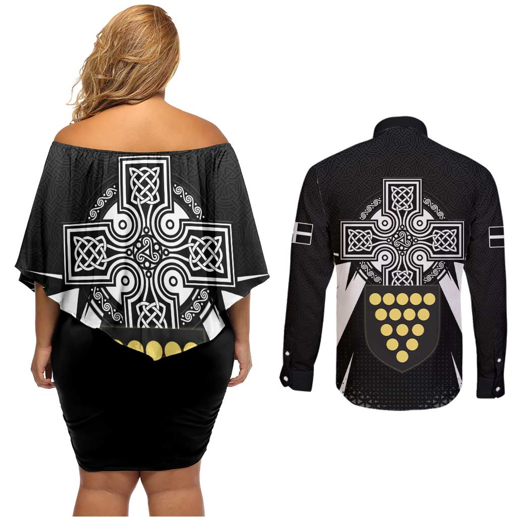 Cornwall Celtic Cross Couples Matching Off Shoulder Short Dress and Long Sleeve Button Shirt Coat Of Arms With Celtic Pattern - Wonder Print Shop