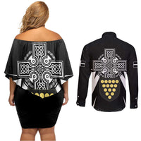 Cornwall Celtic Cross Couples Matching Off Shoulder Short Dress and Long Sleeve Button Shirt Coat Of Arms With Celtic Pattern - Wonder Print Shop