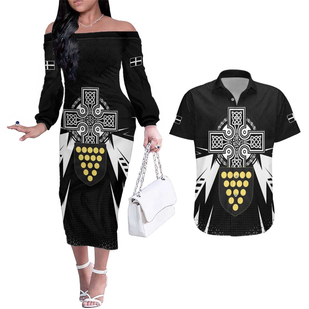 Cornwall Celtic Cross Couples Matching Off The Shoulder Long Sleeve Dress and Hawaiian Shirt Coat Of Arms With Celtic Pattern - Wonder Print Shop
