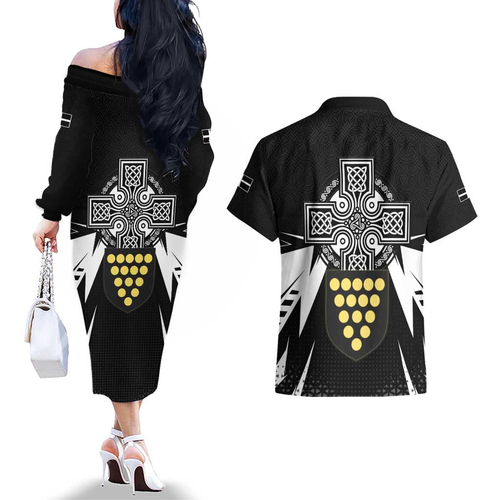 Cornwall Celtic Cross Couples Matching Off The Shoulder Long Sleeve Dress and Hawaiian Shirt Coat Of Arms With Celtic Pattern - Wonder Print Shop