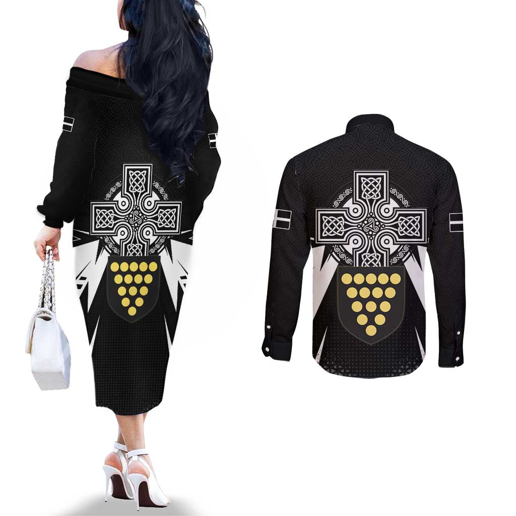 Cornwall Celtic Cross Couples Matching Off The Shoulder Long Sleeve Dress and Long Sleeve Button Shirt Coat Of Arms With Celtic Pattern - Wonder Print Shop