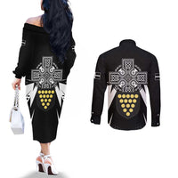 Cornwall Celtic Cross Couples Matching Off The Shoulder Long Sleeve Dress and Long Sleeve Button Shirt Coat Of Arms With Celtic Pattern - Wonder Print Shop