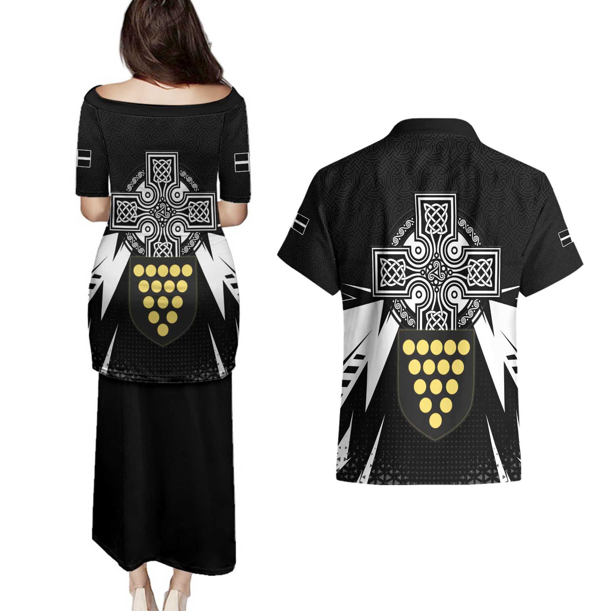 Cornwall Celtic Cross Couples Matching Puletasi and Hawaiian Shirt Coat Of Arms With Celtic Pattern - Wonder Print Shop