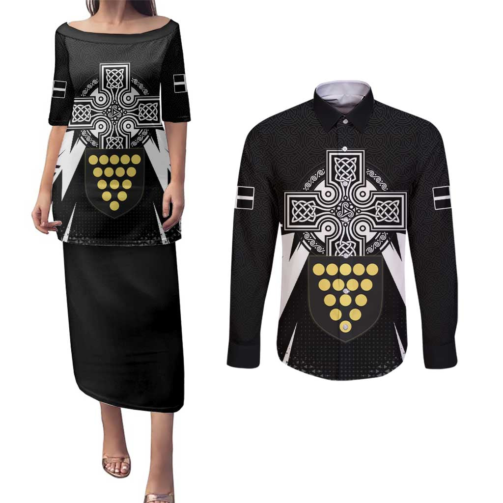 Cornwall Celtic Cross Couples Matching Puletasi and Long Sleeve Button Shirt Coat Of Arms With Celtic Pattern - Wonder Print Shop