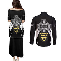Cornwall Celtic Cross Couples Matching Puletasi and Long Sleeve Button Shirt Coat Of Arms With Celtic Pattern - Wonder Print Shop