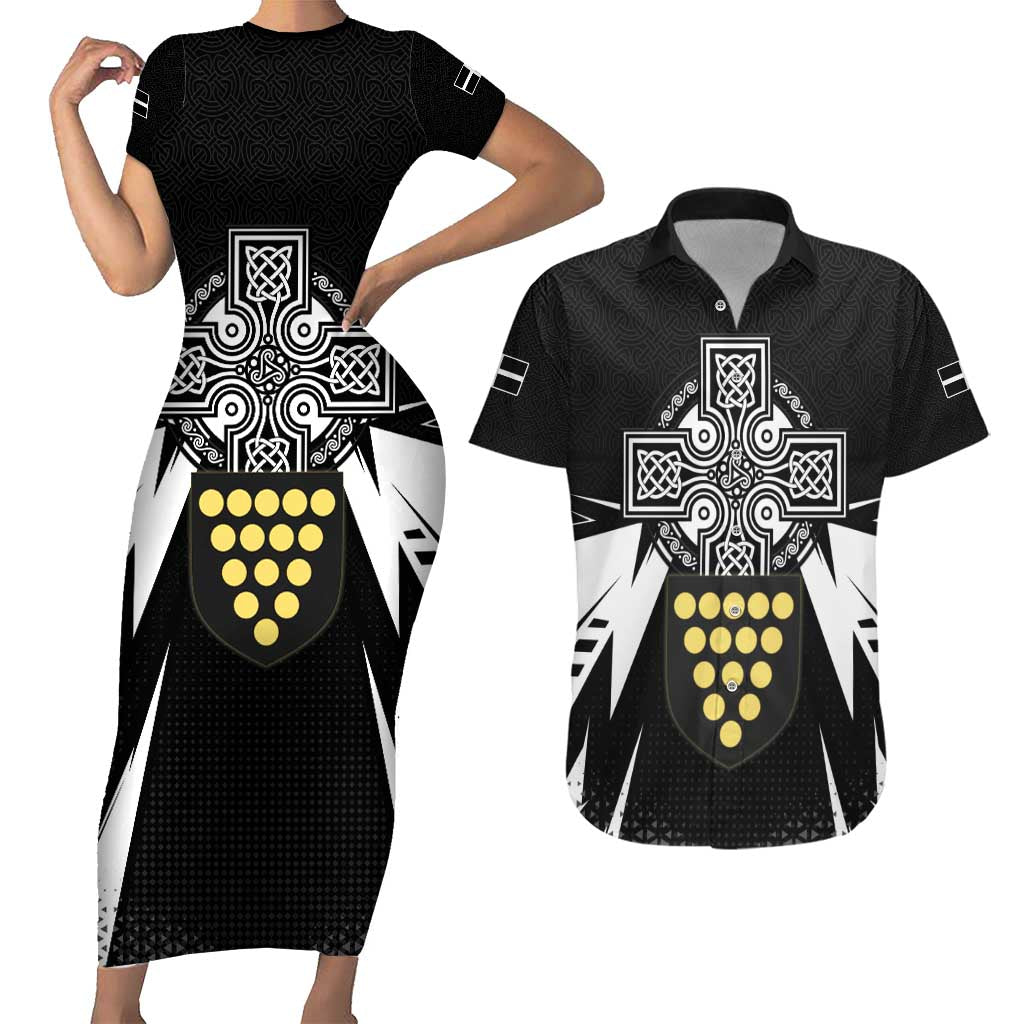 Cornwall Celtic Cross Couples Matching Short Sleeve Bodycon Dress and Hawaiian Shirt Coat Of Arms With Celtic Pattern - Wonder Print Shop