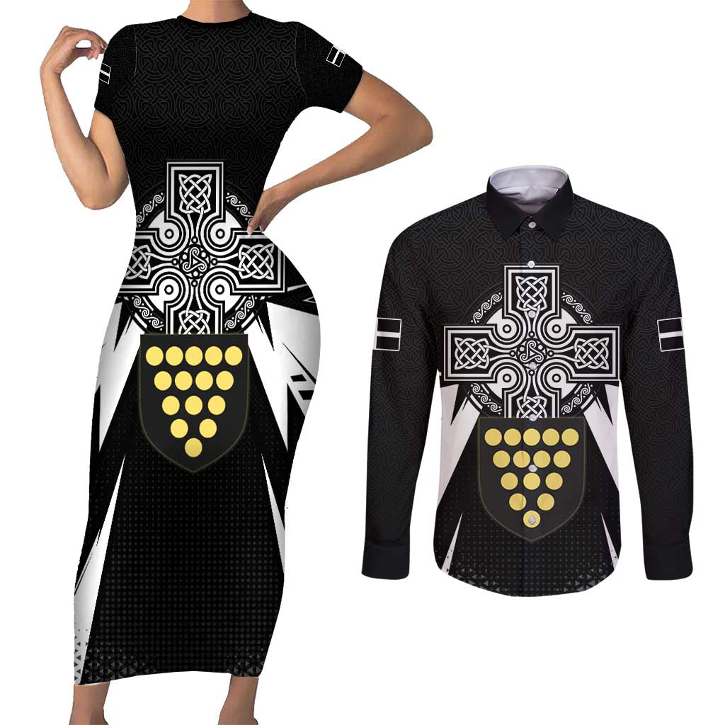 Cornwall Celtic Cross Couples Matching Short Sleeve Bodycon Dress and Long Sleeve Button Shirt Coat Of Arms With Celtic Pattern - Wonder Print Shop