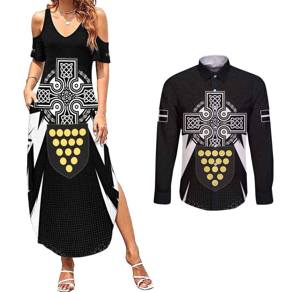 Cornwall Celtic Cross Couples Matching Summer Maxi Dress and Long Sleeve Button Shirt Coat Of Arms With Celtic Pattern - Wonder Print Shop