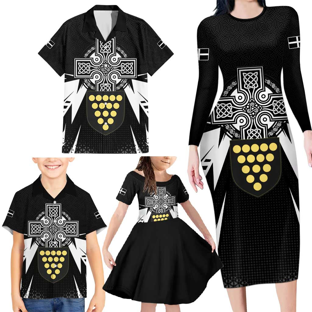 Cornwall Celtic Cross Family Matching Long Sleeve Bodycon Dress and Hawaiian Shirt Coat Of Arms With Celtic Pattern - Wonder Print Shop