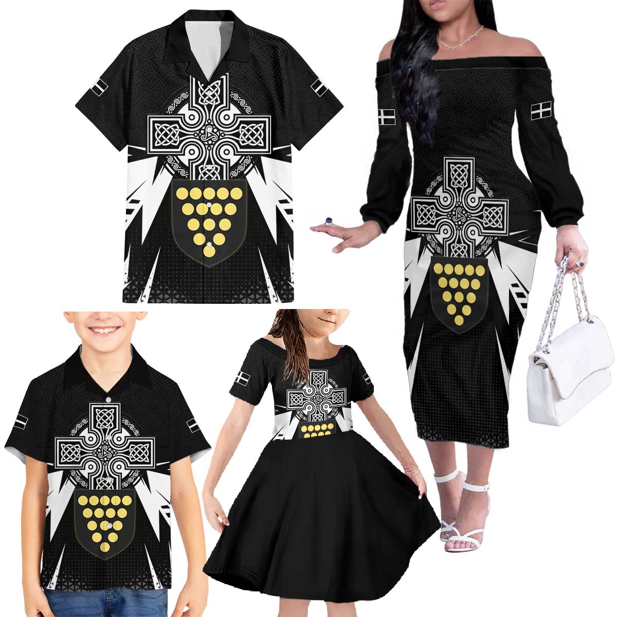 Cornwall Celtic Cross Family Matching Off The Shoulder Long Sleeve Dress and Hawaiian Shirt Coat Of Arms With Celtic Pattern - Wonder Print Shop