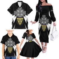 Cornwall Celtic Cross Family Matching Off The Shoulder Long Sleeve Dress and Hawaiian Shirt Coat Of Arms With Celtic Pattern - Wonder Print Shop